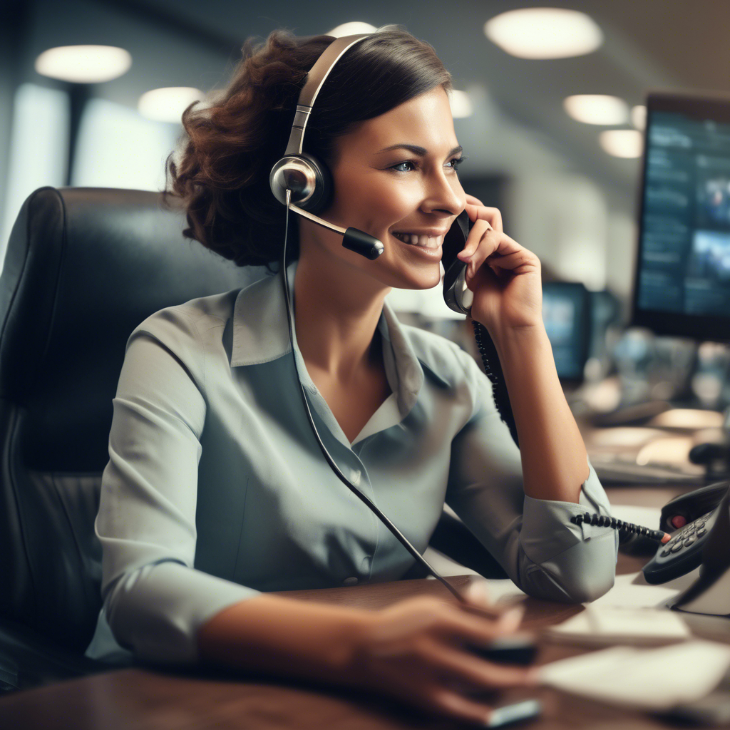 Customer service representative, sitting in a chair at her desk with the headset on holding the left side of the